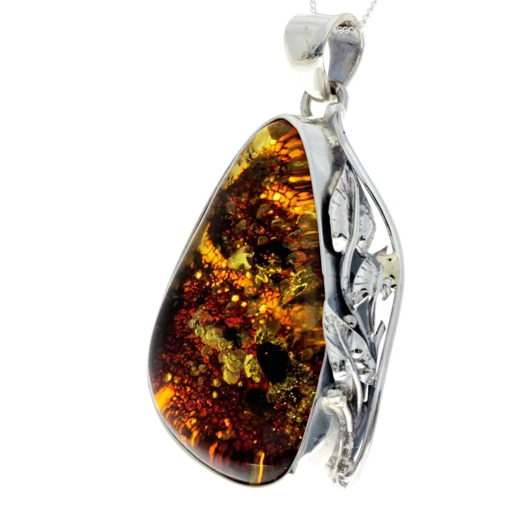 925 Sterling Silver & Genuine Green Baltic Amber Exlusive Unique Pendant - PD2379
