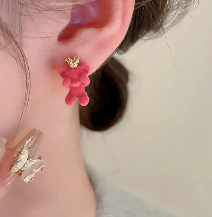 Adorable Velvet Fluffy Bear & Crown, Earrings for Girls, Kawaii Jewelry, Cute Girl Earrings for a Whimsical Look, Korean earrings