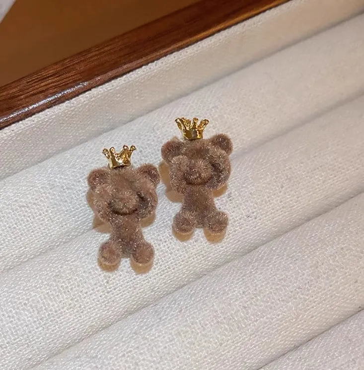 Adorable Velvet Fluffy Bear & Crown, Earrings for Girls, Kawaii Jewelry, Cute Girl Earrings for a Whimsical Look, Korean earrings