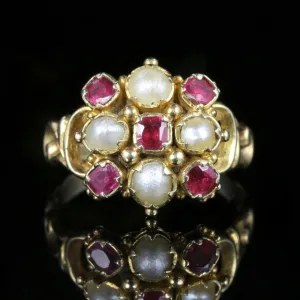 Antique Georgian Ruby Pearl Ring 18Ct Gold Circa 1800