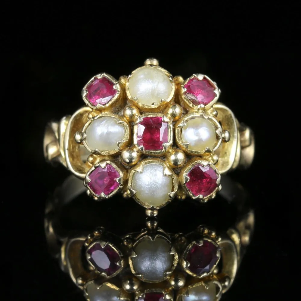 Antique Georgian Ruby Pearl Ring 18Ct Gold Circa 1800