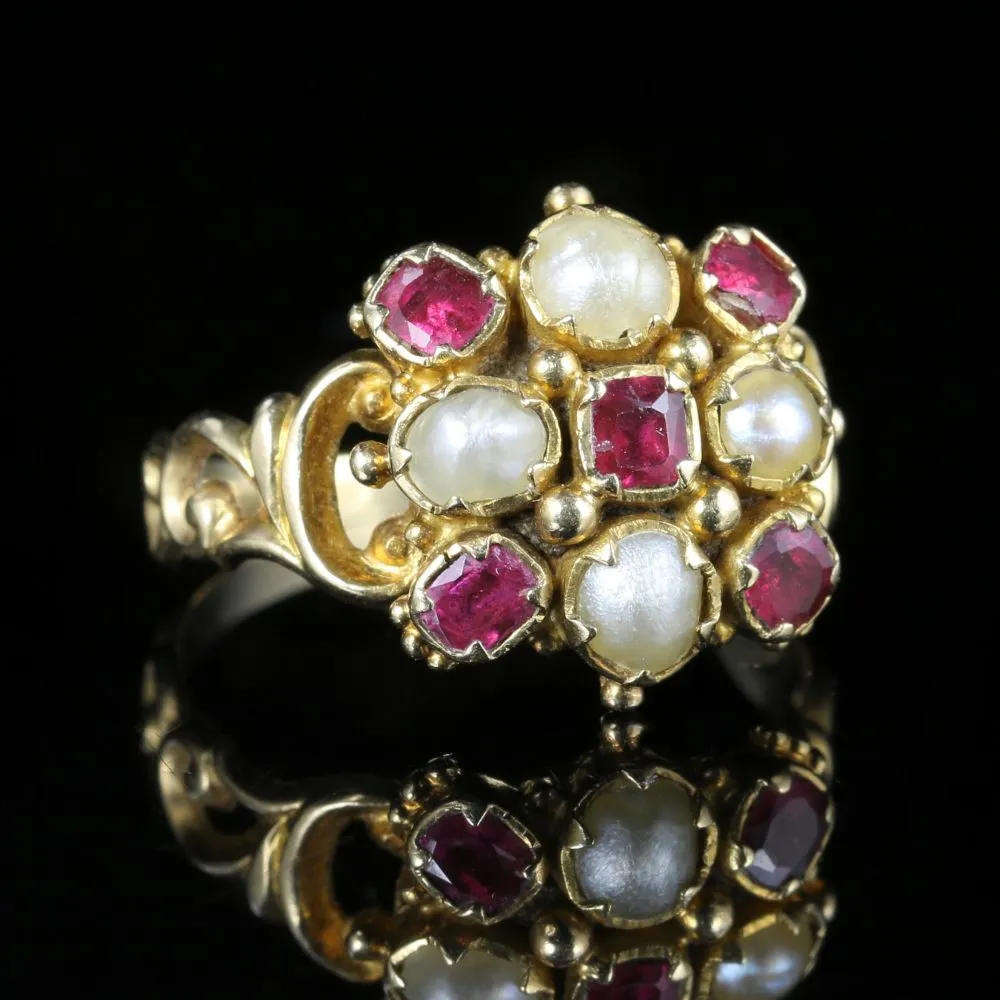 Antique Georgian Ruby Pearl Ring 18Ct Gold Circa 1800