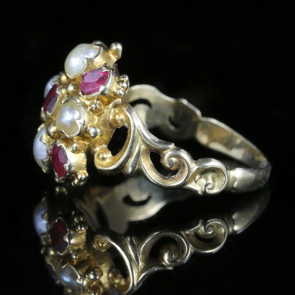 Antique Georgian Ruby Pearl Ring 18Ct Gold Circa 1800