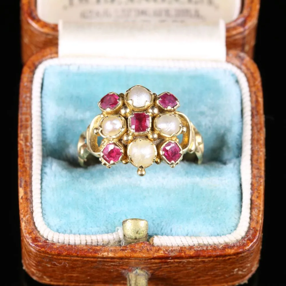 Antique Georgian Ruby Pearl Ring 18Ct Gold Circa 1800