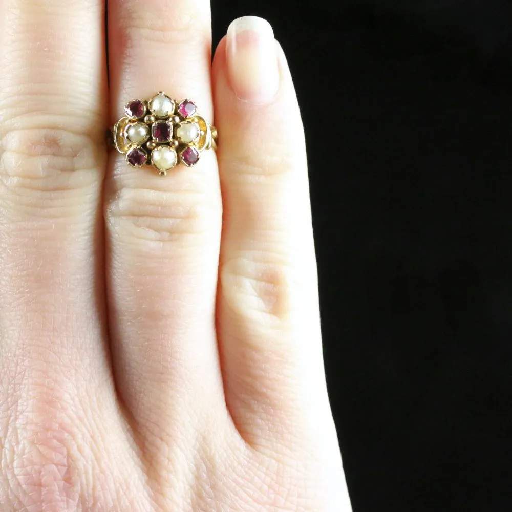 Antique Georgian Ruby Pearl Ring 18Ct Gold Circa 1800