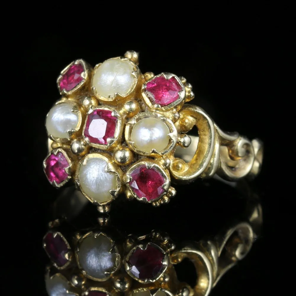 Antique Georgian Ruby Pearl Ring 18Ct Gold Circa 1800