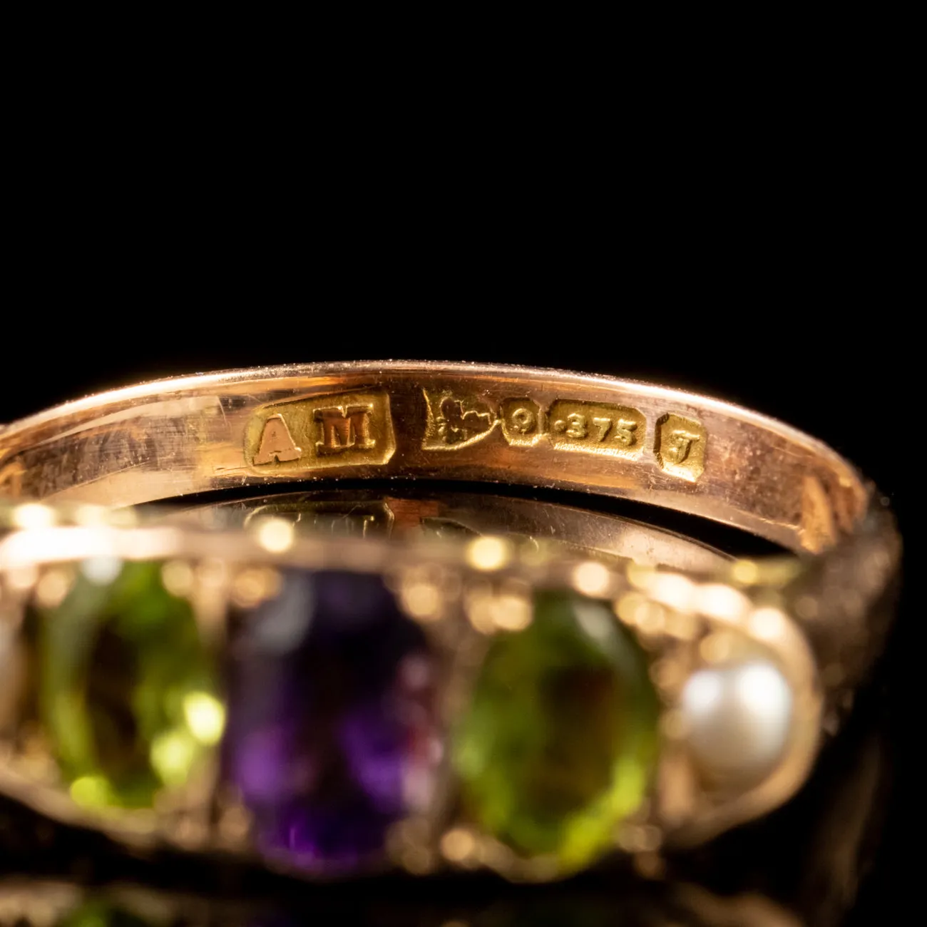 Antique Suffragette Amethyst Peridot Ring 9Ct Gold Dated 1919