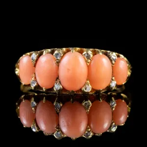 Antique Victorian Coral Diamond Ring 15Ct Gold Circa Dated 1873