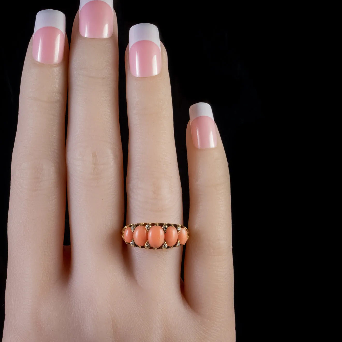 Antique Victorian Coral Diamond Ring 15Ct Gold Circa Dated 1873