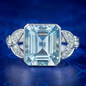 Art Deco Style Aquamarine Diamond Ring 3.5ct Aqua
