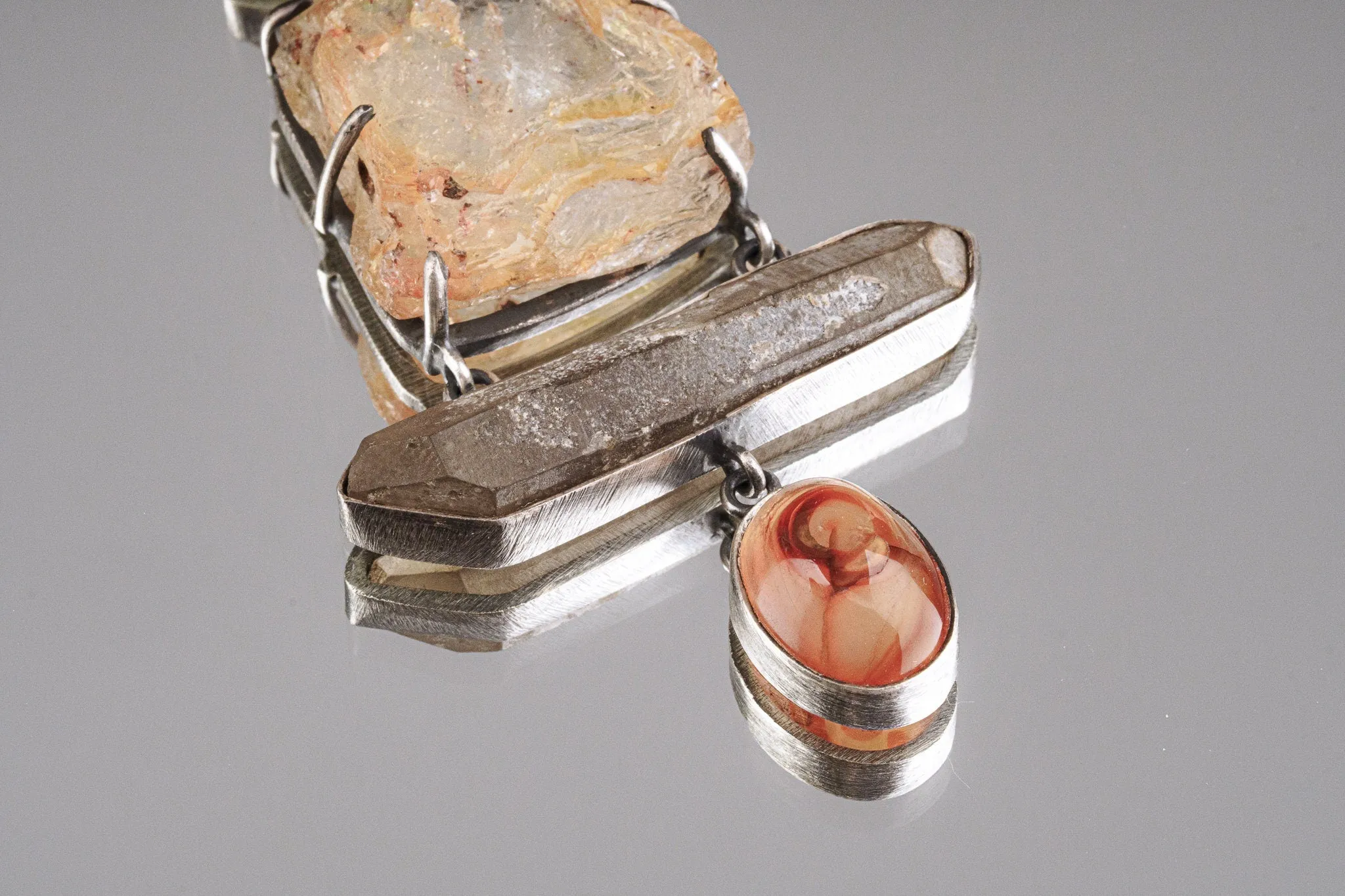 Australian raw gem Aquamarine with rainbows, local Smokey & Agate crowned with Labradorite eye - Sterling Silver - Rustic Finish -  Pendant