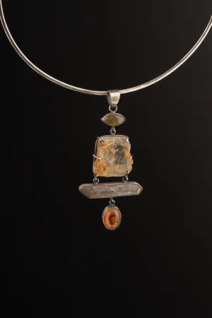 Australian raw gem Aquamarine with rainbows, local Smokey & Agate crowned with Labradorite eye - Sterling Silver - Rustic Finish -  Pendant