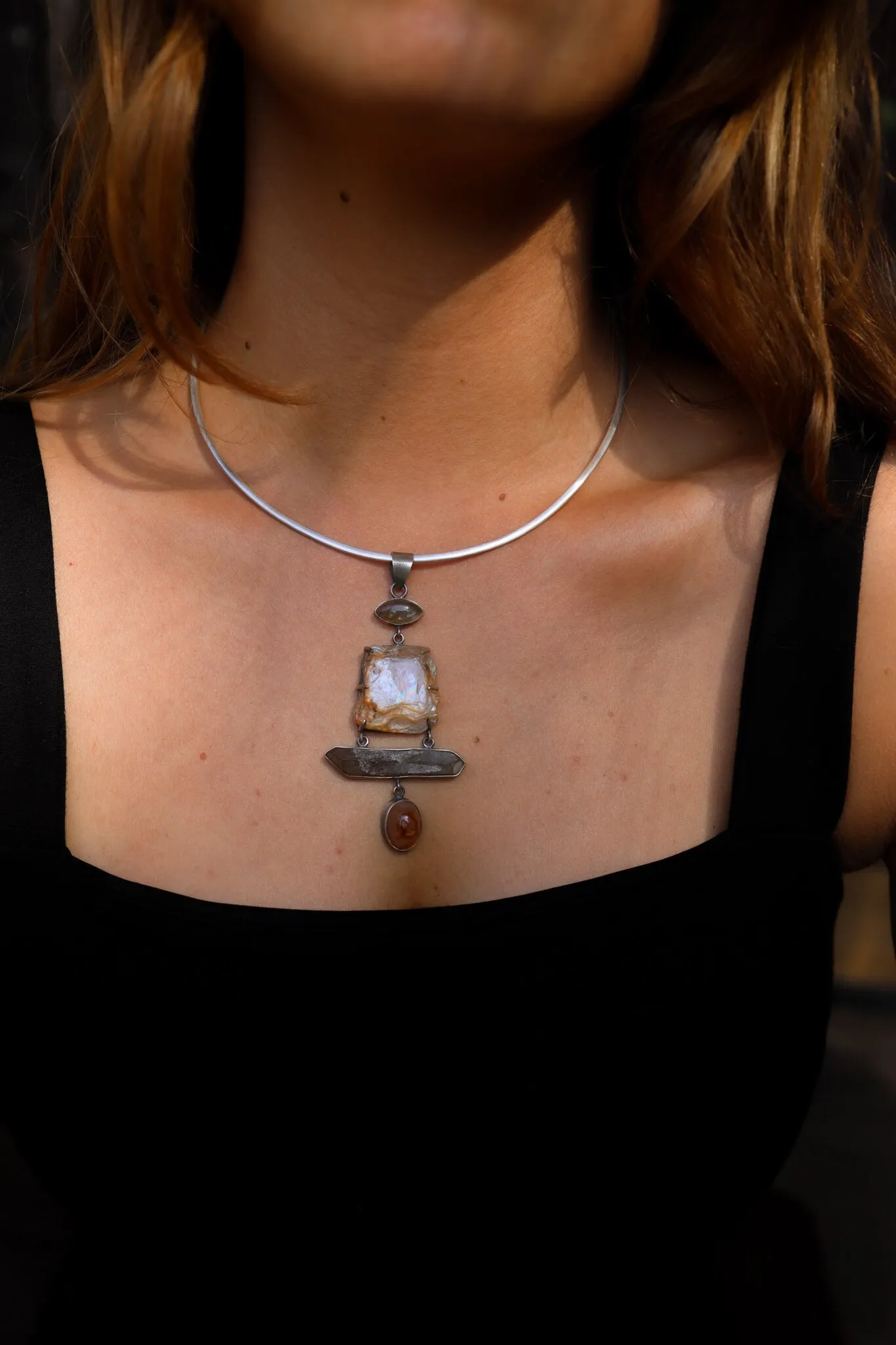 Australian raw gem Aquamarine with rainbows, local Smokey & Agate crowned with Labradorite eye - Sterling Silver - Rustic Finish -  Pendant