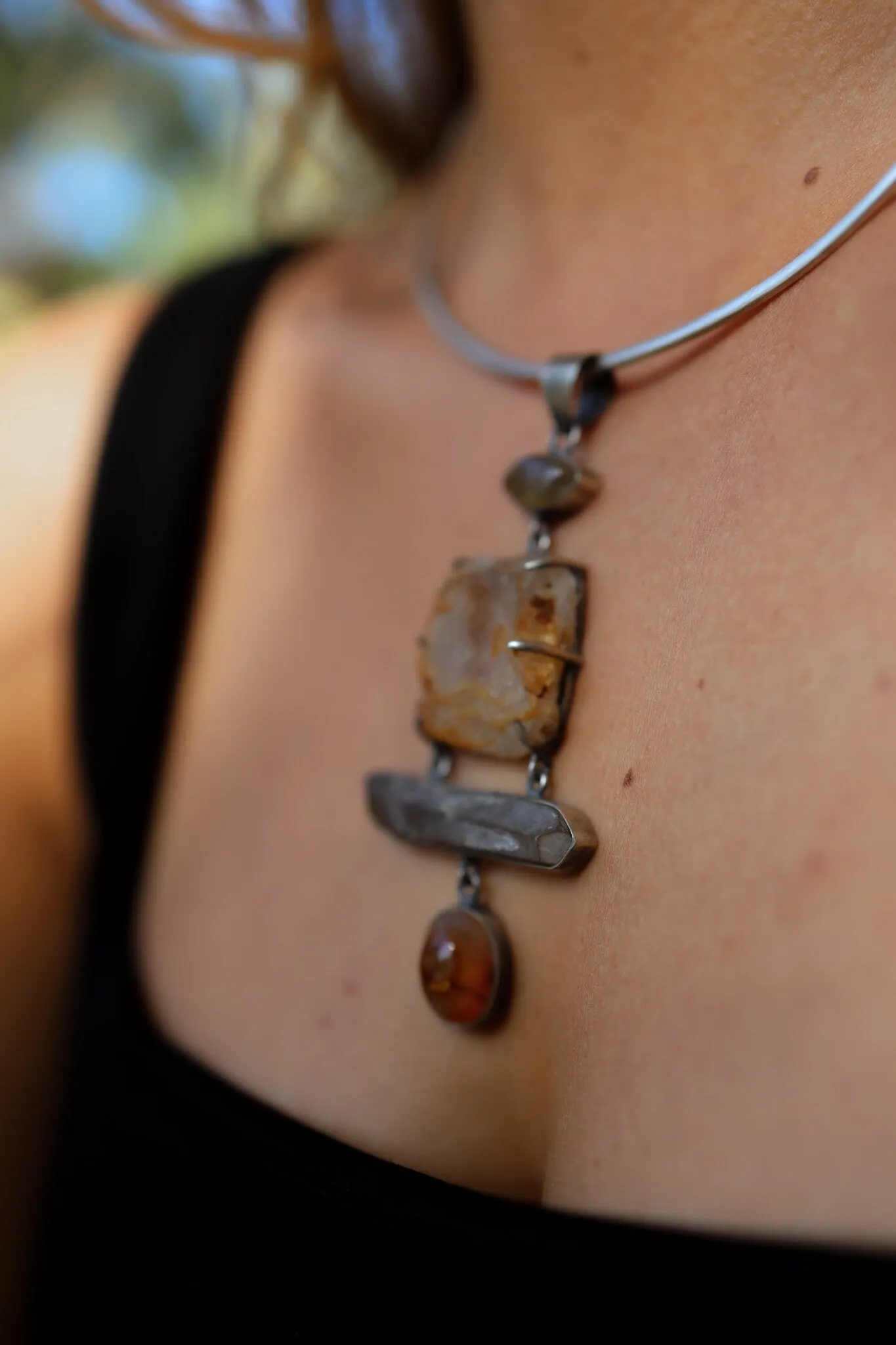 Australian raw gem Aquamarine with rainbows, local Smokey & Agate crowned with Labradorite eye - Sterling Silver - Rustic Finish -  Pendant