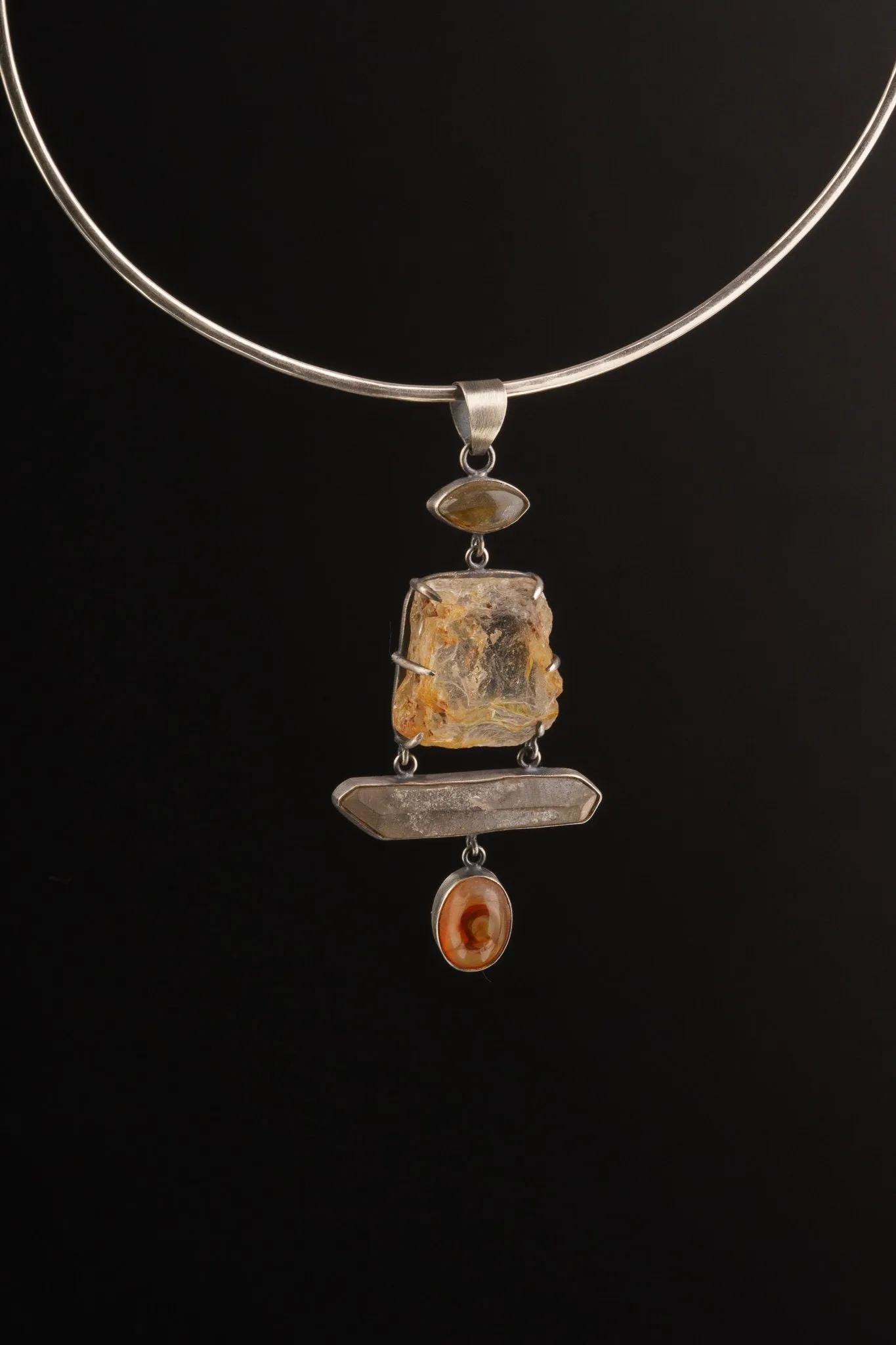 Australian raw gem Aquamarine with rainbows, local Smokey & Agate crowned with Labradorite eye - Sterling Silver - Rustic Finish -  Pendant