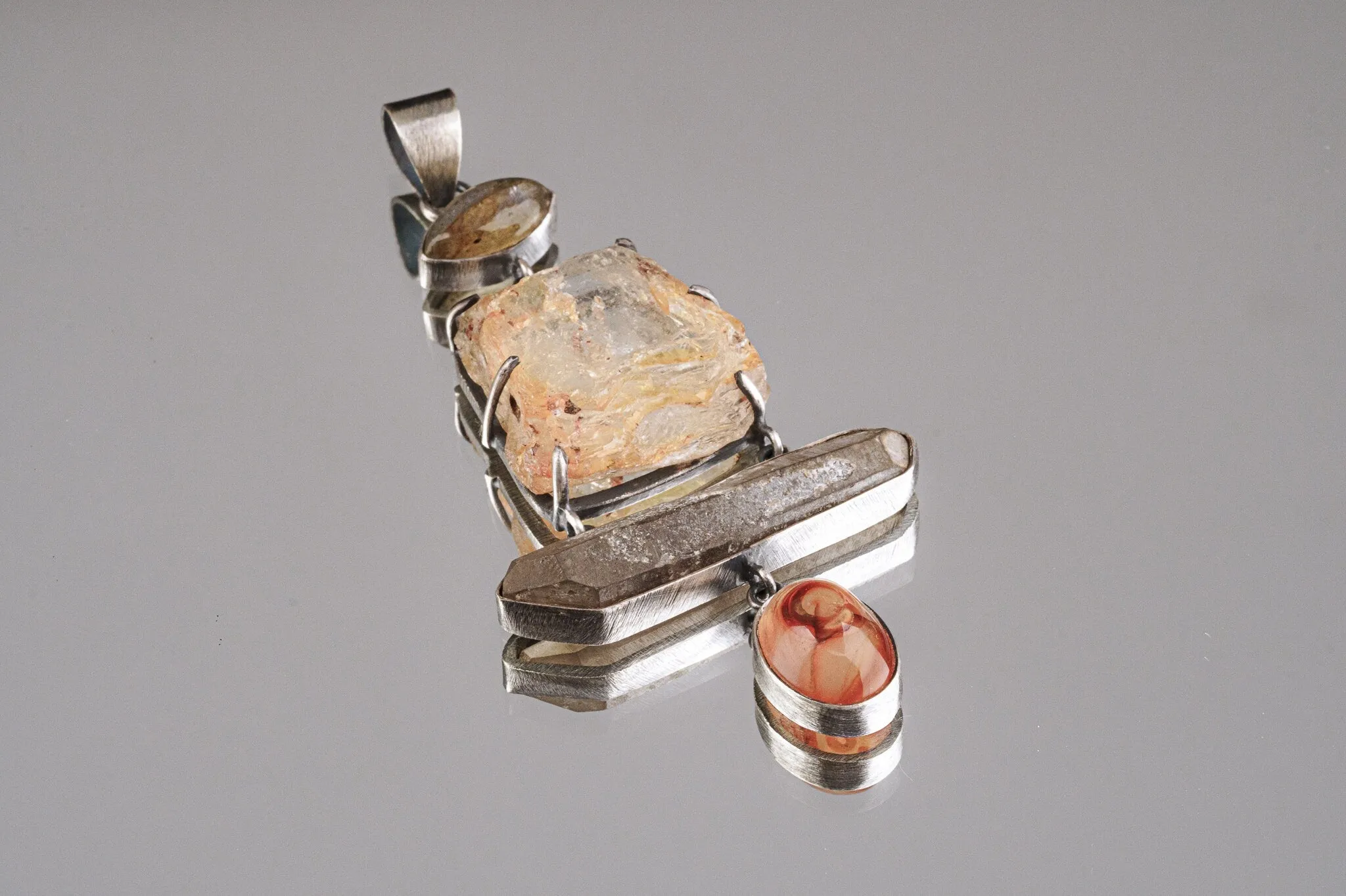 Australian raw gem Aquamarine with rainbows, local Smokey & Agate crowned with Labradorite eye - Sterling Silver - Rustic Finish -  Pendant