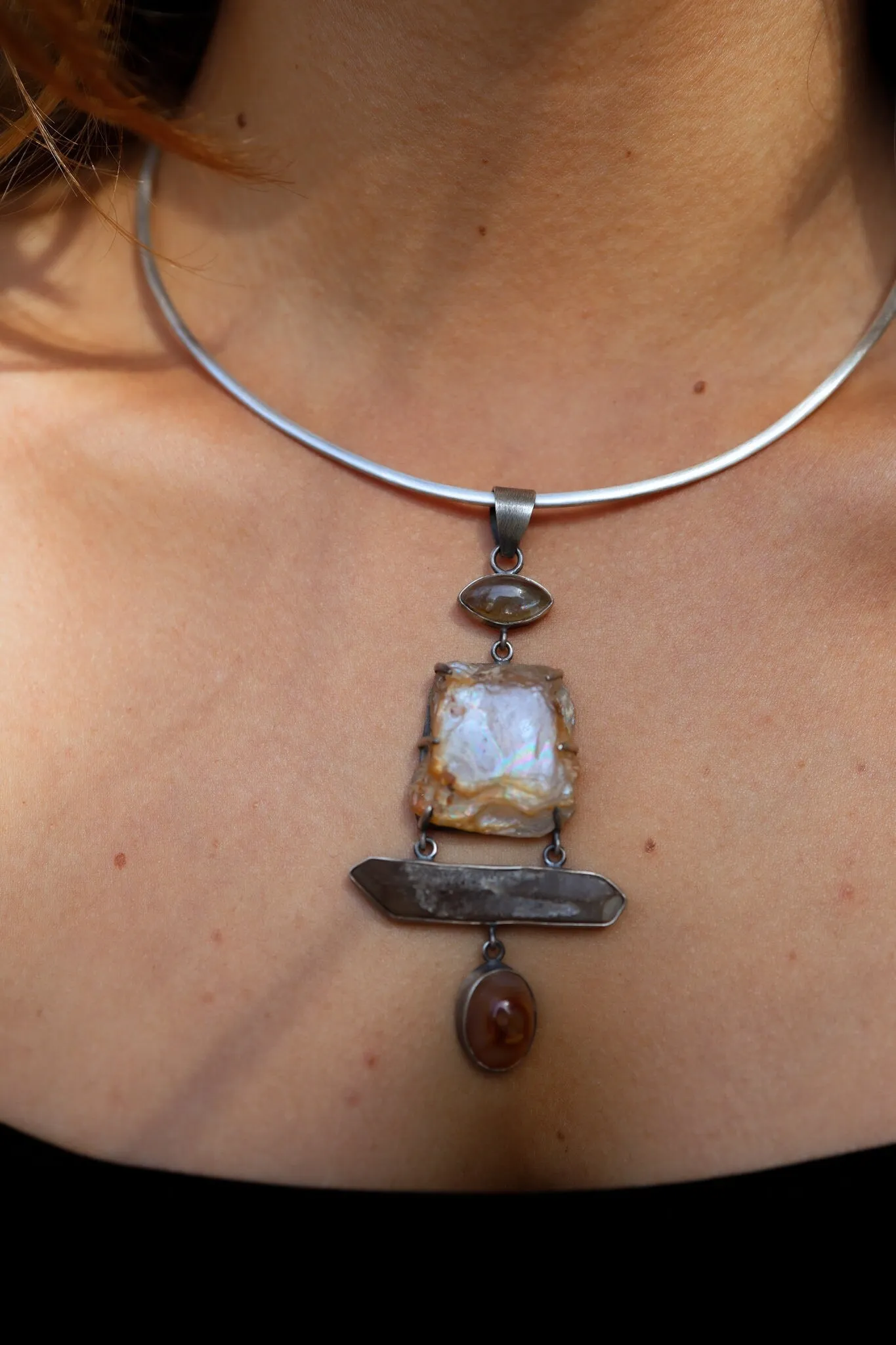Australian raw gem Aquamarine with rainbows, local Smokey & Agate crowned with Labradorite eye - Sterling Silver - Rustic Finish -  Pendant