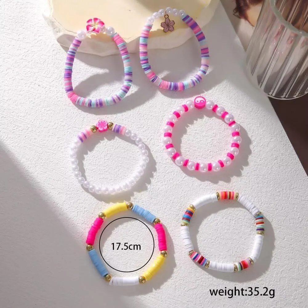 Bohemia Hawaiian Plumeria Rubra Tropical Flower Stackable Bracelets Set Colorful Polymer Clay Beaded Bracelets Cute Sweet Flower Y2K Pearl Bracelets Summer Beach Holiday Jewelry