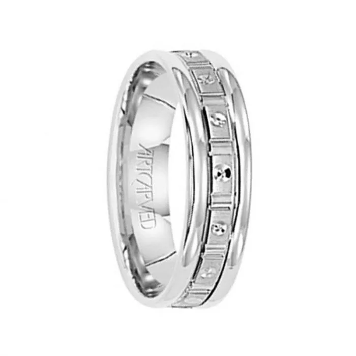 CLASS ACT 14k White Gold Wedding Band with Geometric Brushed Finish Center Rolled Edges by Artcarved - 5.5 mm