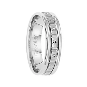CLASS ACT 14k White Gold Wedding Band with Geometric Brushed Finish Center Rolled Edges by Artcarved - 5.5 mm