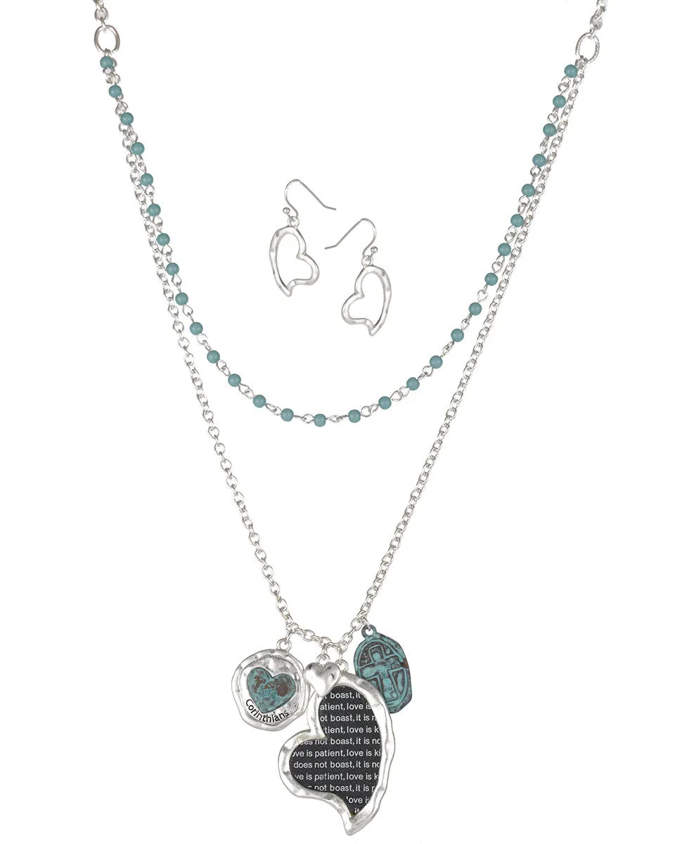 Corinthians 3:14 Love is Patient Love Does not Boast Cross Pendant Necklace Set by Jewelry Nexus