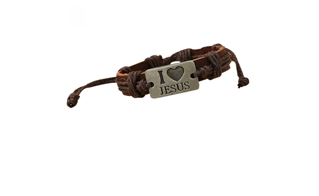 Dark Brown "I Love Jesus" Faux Leather Bangle Rope Chain Adjustable