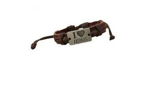 Dark Brown "I Love Jesus" Faux Leather Bangle Rope Chain Adjustable