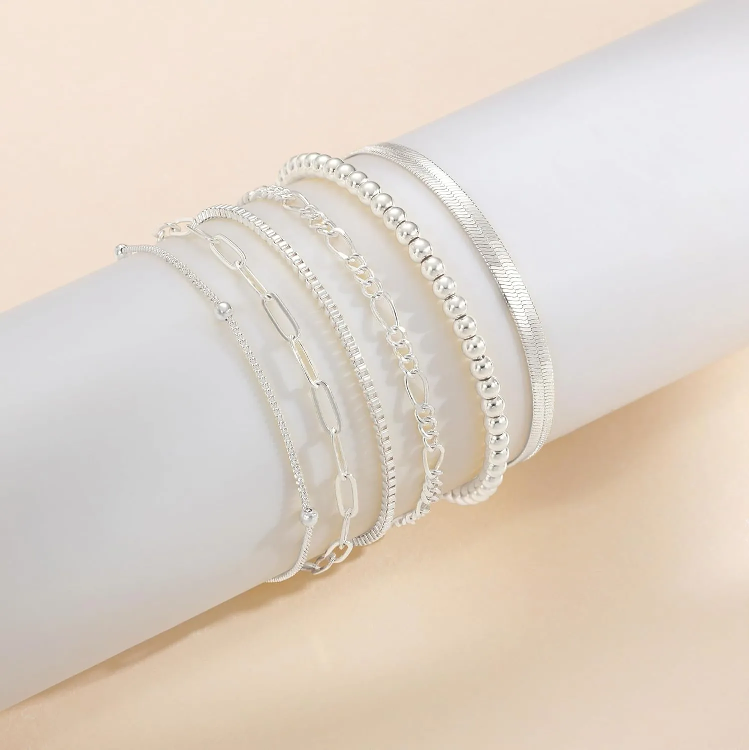 DEARMAY Dainty Silver Chain Bracelets for Women Trendy, Waterproof Sterling Silver/Gold Jewelry Sets Fashion Stackable Beaded Figaro Herringbone Paperclip Chain Bracelet Pack Stack Gifts for Womens