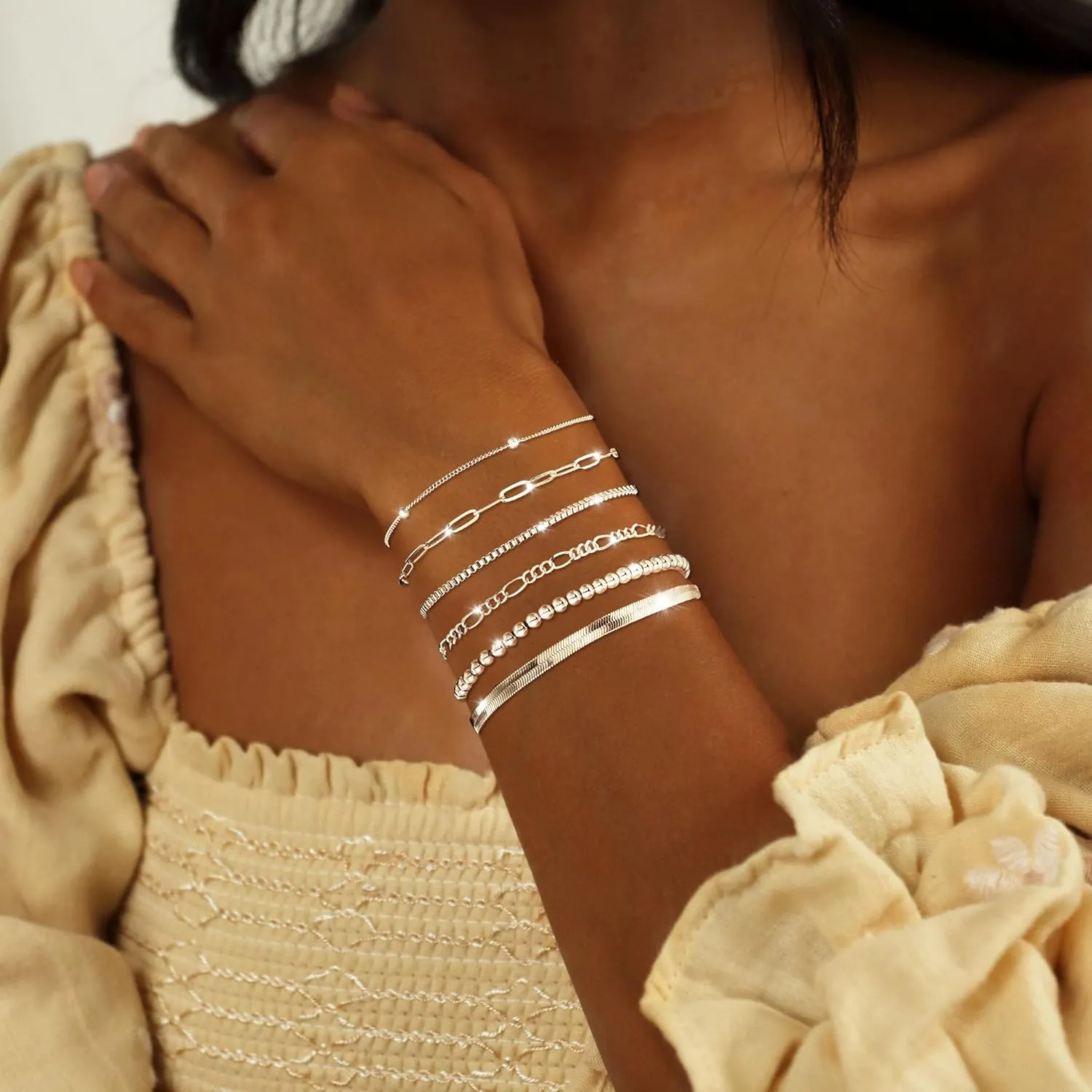 DEARMAY Dainty Silver Chain Bracelets for Women Trendy, Waterproof Sterling Silver/Gold Jewelry Sets Fashion Stackable Beaded Figaro Herringbone Paperclip Chain Bracelet Pack Stack Gifts for Womens