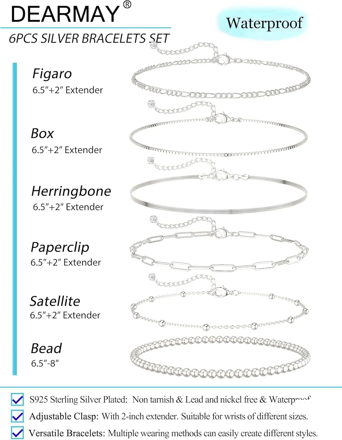 DEARMAY Dainty Silver Chain Bracelets for Women Trendy, Waterproof Sterling Silver/Gold Jewelry Sets Fashion Stackable Beaded Figaro Herringbone Paperclip Chain Bracelet Pack Stack Gifts for Womens