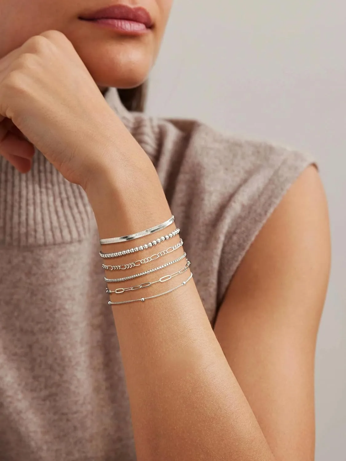 DEARMAY Dainty Silver Chain Bracelets for Women Trendy, Waterproof Sterling Silver/Gold Jewelry Sets Fashion Stackable Beaded Figaro Herringbone Paperclip Chain Bracelet Pack Stack Gifts for Womens
