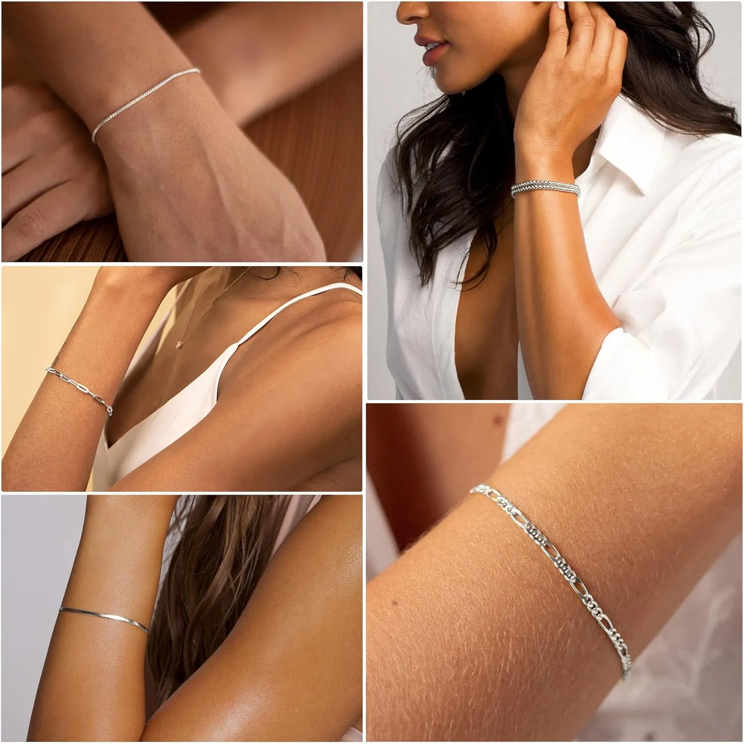 DEARMAY Dainty Silver Chain Bracelets for Women Trendy, Waterproof Sterling Silver/Gold Jewelry Sets Fashion Stackable Beaded Figaro Herringbone Paperclip Chain Bracelet Pack Stack Gifts for Womens