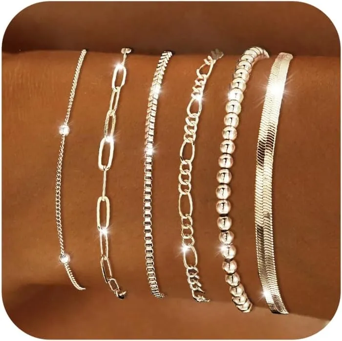 DEARMAY Dainty Silver Chain Bracelets for Women Trendy, Waterproof Sterling Silver/Gold Jewelry Sets Fashion Stackable Beaded Figaro Herringbone Paperclip Chain Bracelet Pack Stack Gifts for Womens