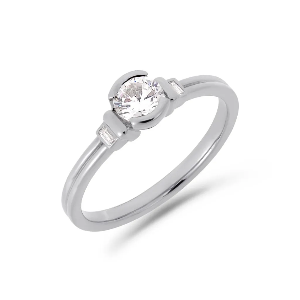 Deco brilliant cut solitaire diamond ring in white gold