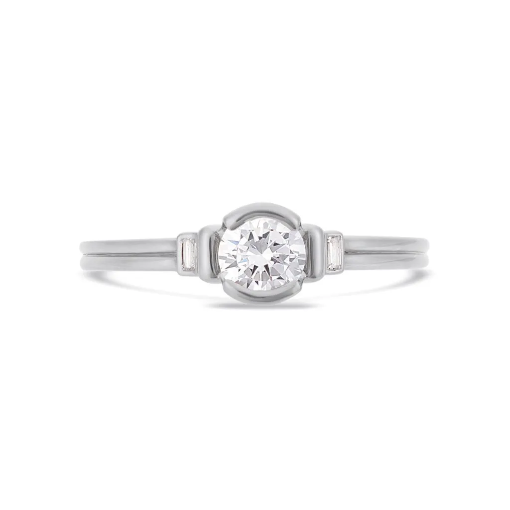 Deco brilliant cut solitaire diamond ring in white gold