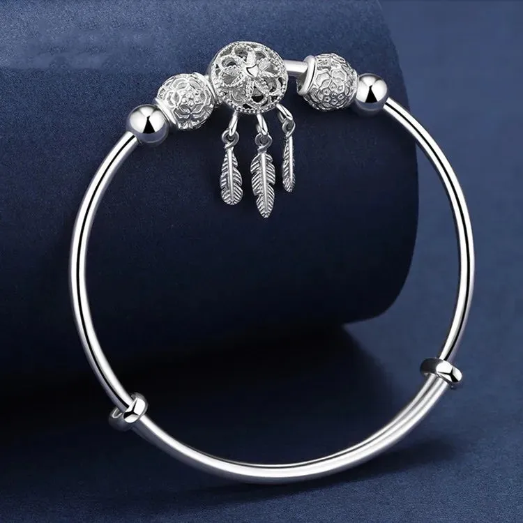 DOTEFFIL Silver Color Dreamcatcher Tassel Feather Lucky Bead Bracelet Bangle - Original Party Wedding Jewelry Gift for Women