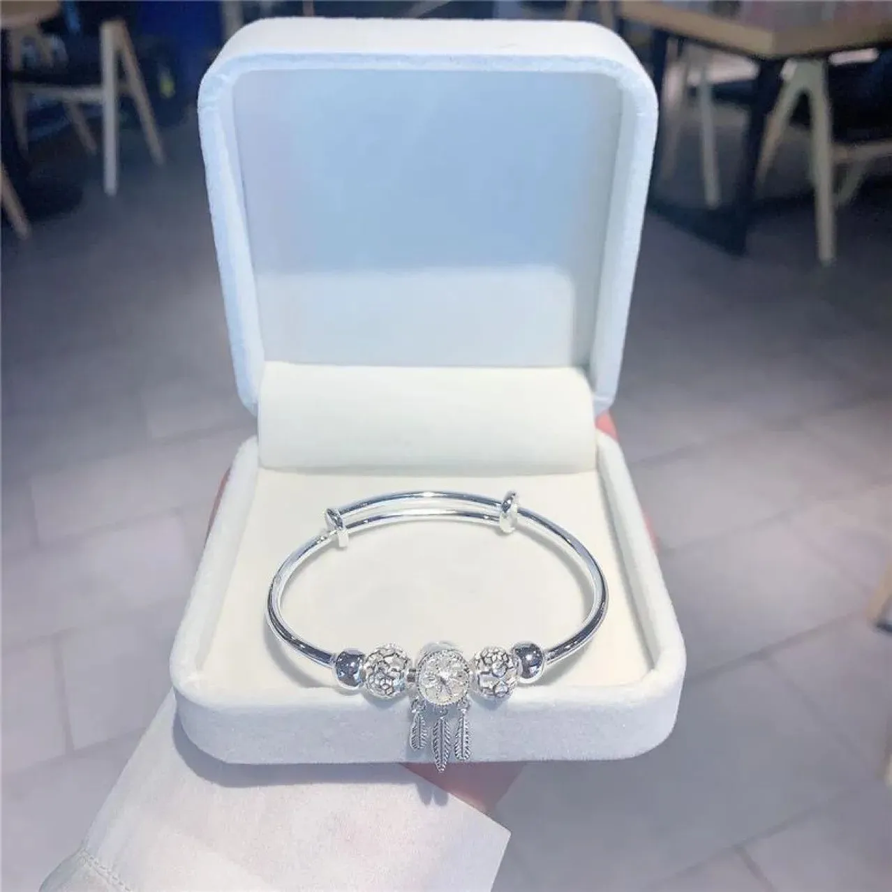 DOTEFFIL Silver Color Dreamcatcher Tassel Feather Lucky Bead Bracelet Bangle - Original Party Wedding Jewelry Gift for Women