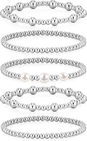doubgood Gold Bracelets for Women, Stackable Jewelry Sets, 5 Piece Beaded Ball Bracelet Gifts for Valentines Mother's Day Christmas Birthday
