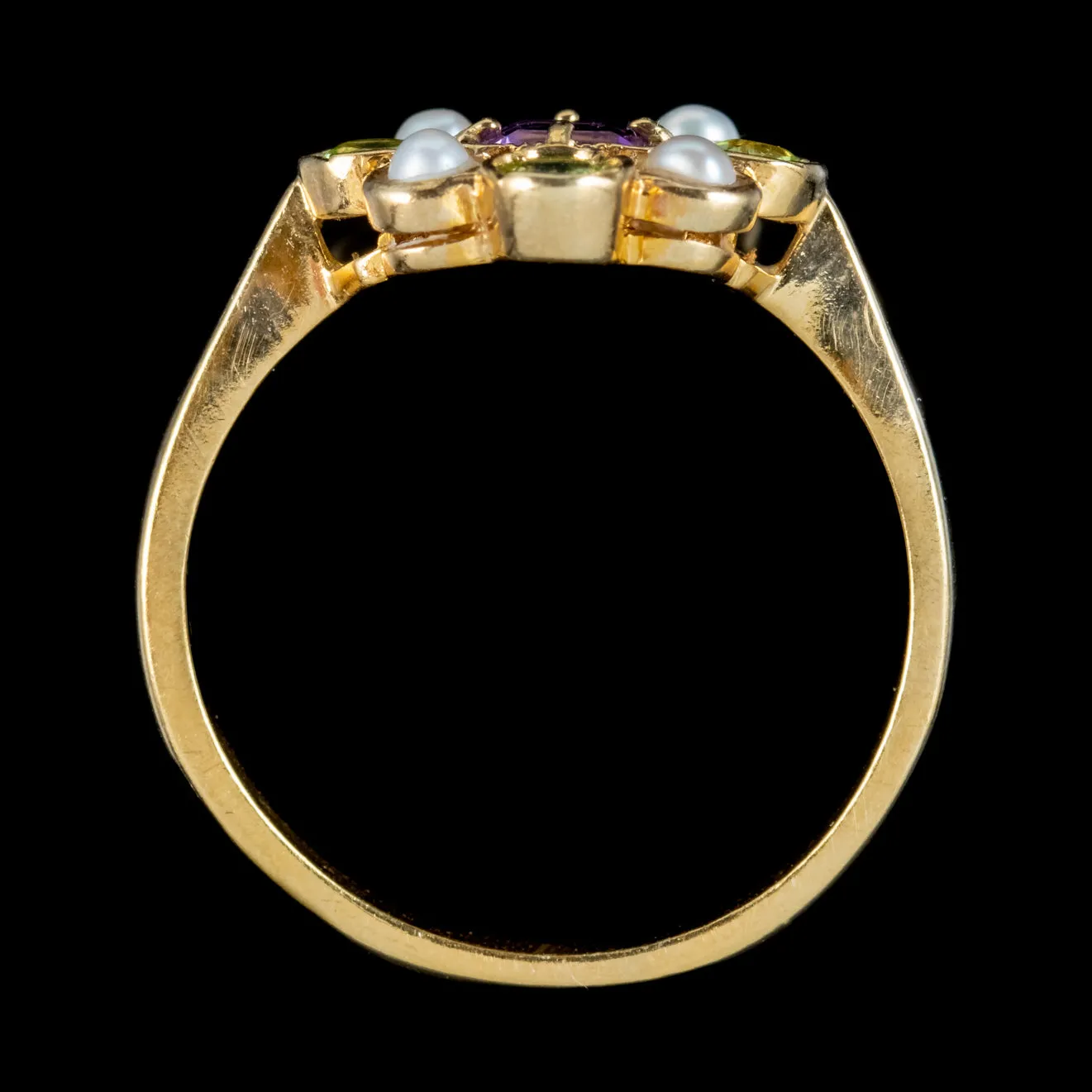 Edwardian Suffragette Style Cluster Ring Pearl, Peridot and Amethyst