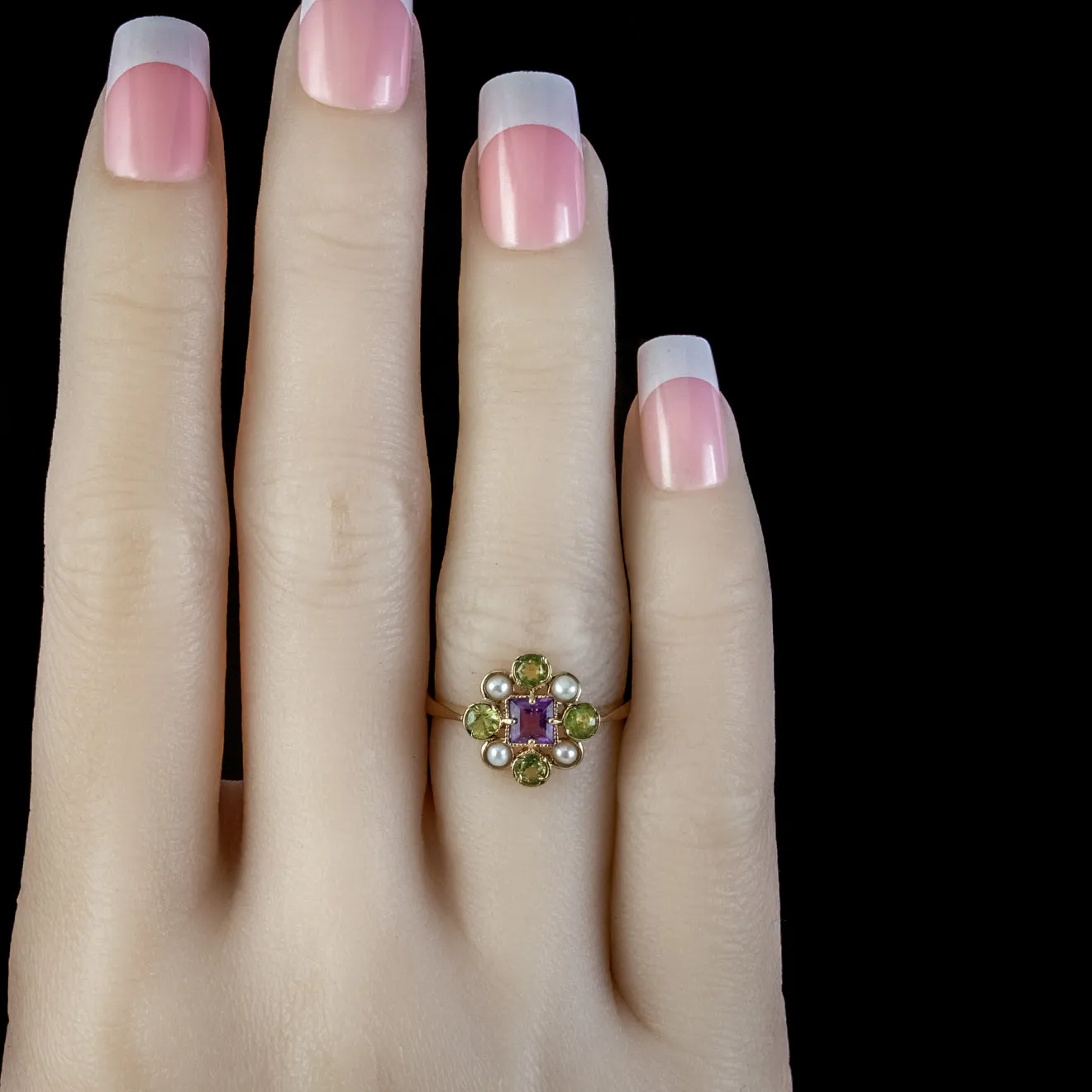 Edwardian Suffragette Style Cluster Ring Pearl, Peridot and Amethyst