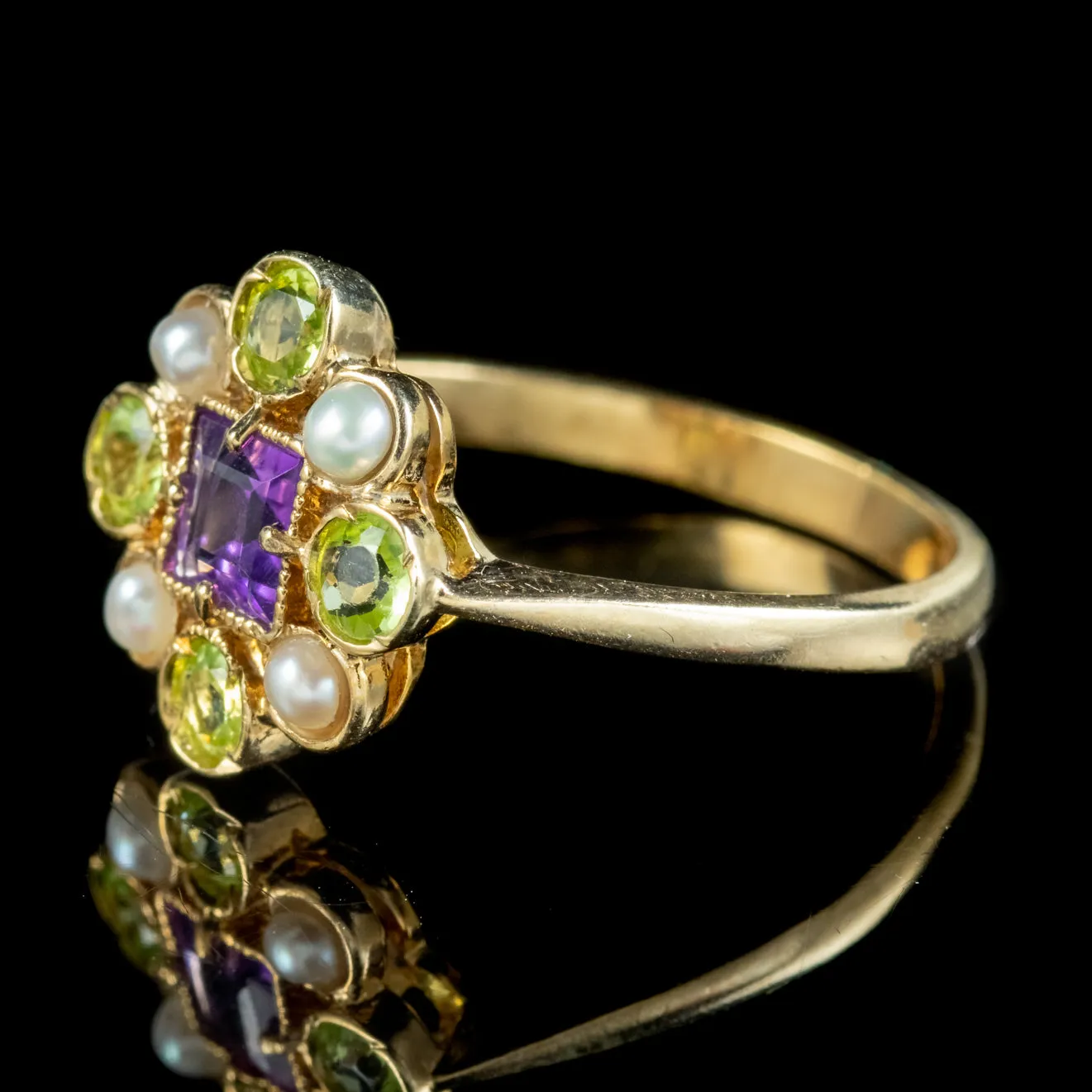 Edwardian Suffragette Style Cluster Ring Pearl, Peridot and Amethyst