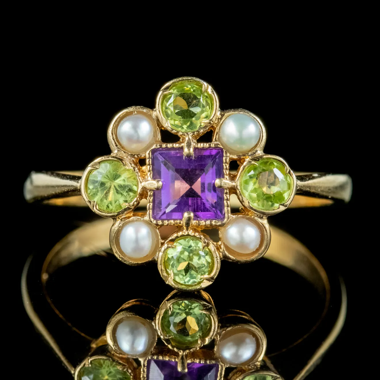Edwardian Suffragette Style Cluster Ring Pearl, Peridot and Amethyst