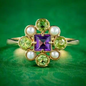 Edwardian Suffragette Style Cluster Ring Pearl, Peridot and Amethyst