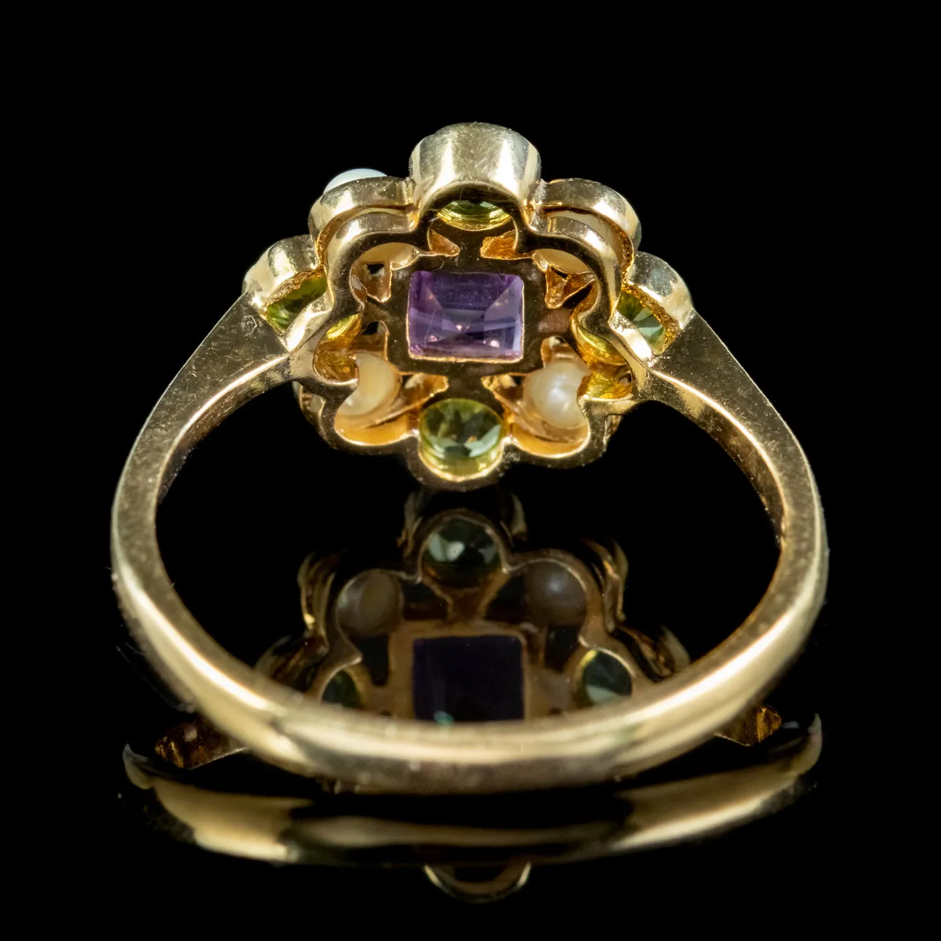 Edwardian Suffragette Style Cluster Ring Pearl, Peridot and Amethyst
