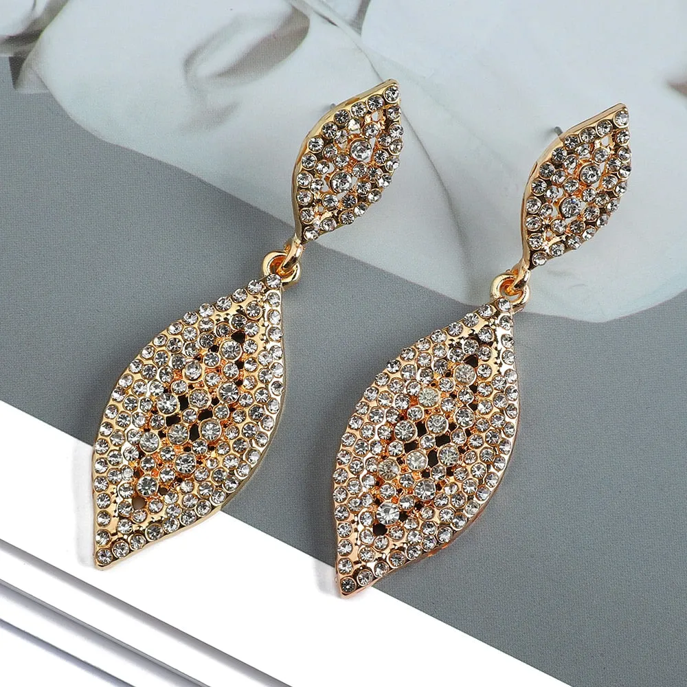 Fashion Double Rhomb Metal Inlay Colorful Crystal Dangle Earrings For Women