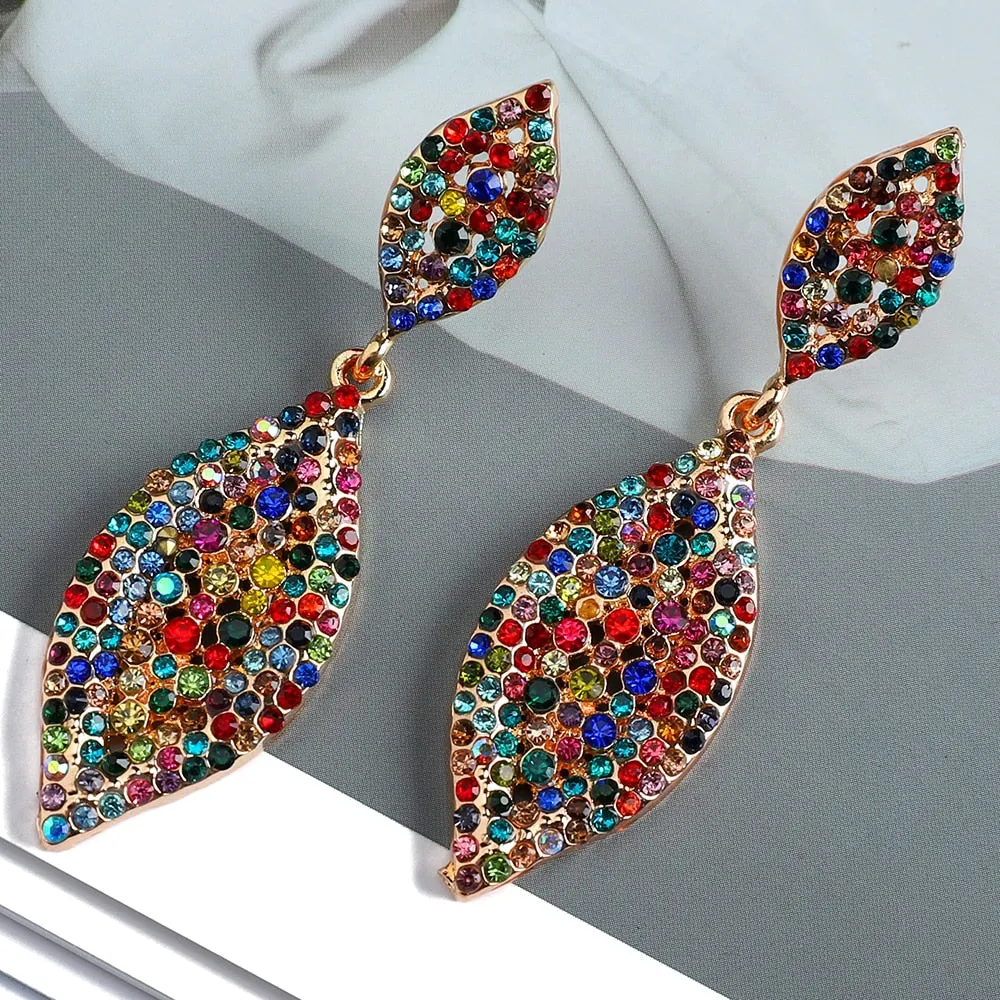 Fashion Double Rhomb Metal Inlay Colorful Crystal Dangle Earrings For Women