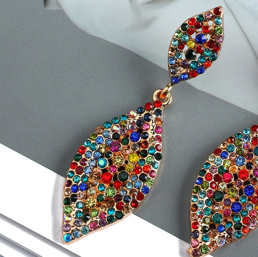 Fashion Double Rhomb Metal Inlay Colorful Crystal Dangle Earrings For Women