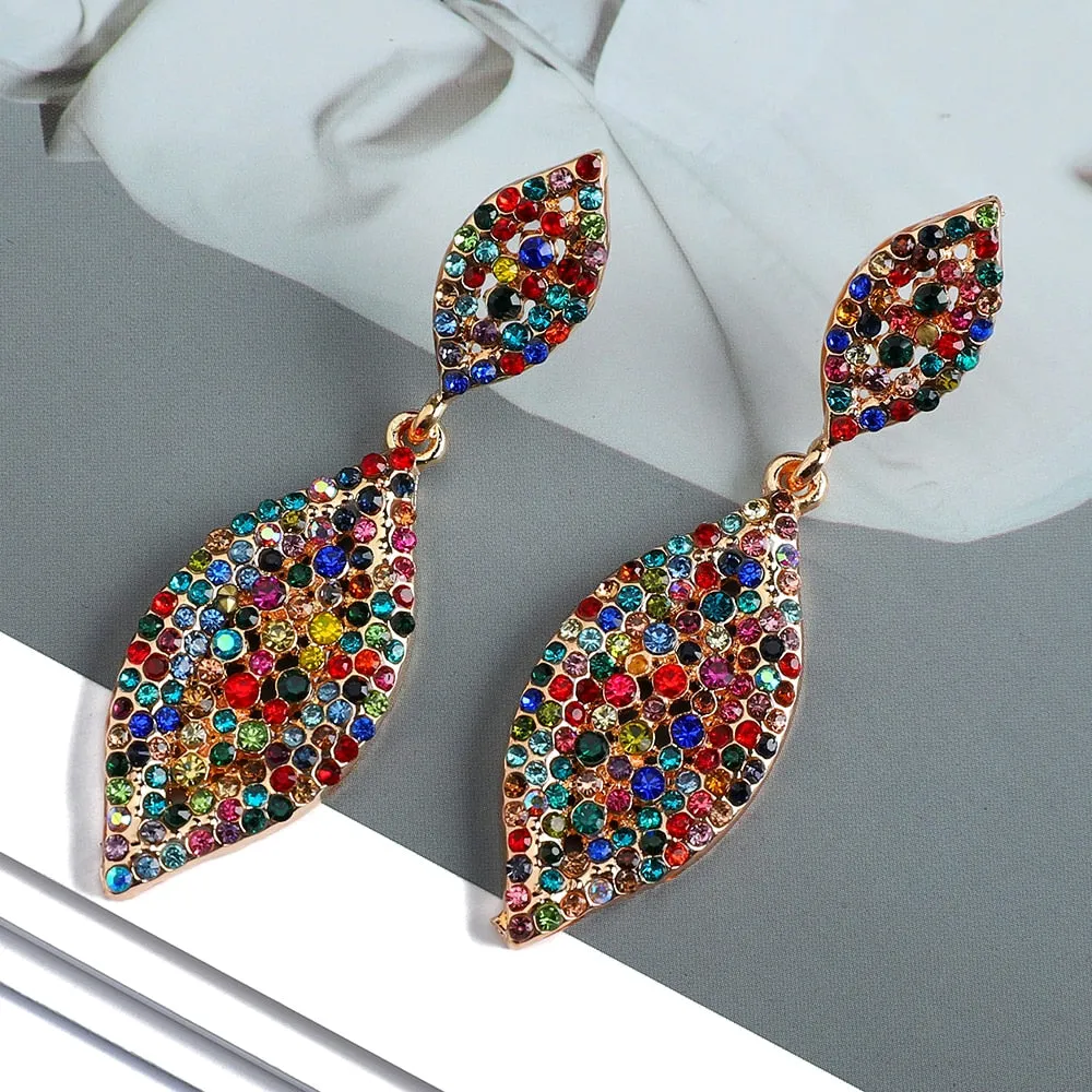 Fashion Double Rhomb Metal Inlay Colorful Crystal Dangle Earrings For Women