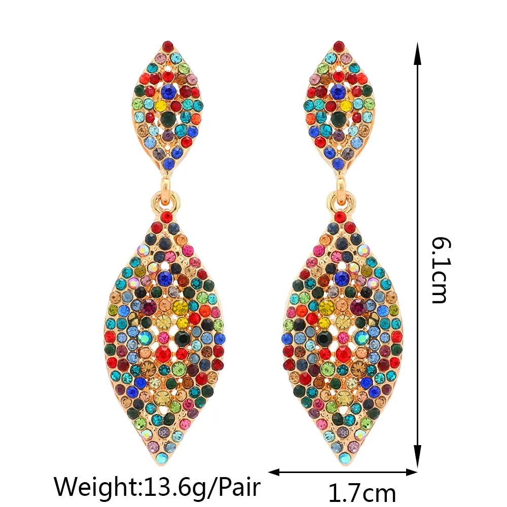 Fashion Double Rhomb Metal Inlay Colorful Crystal Dangle Earrings For Women