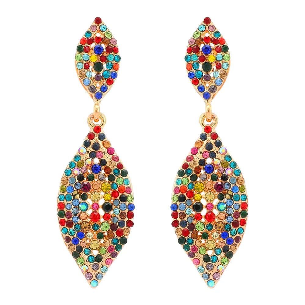 Fashion Double Rhomb Metal Inlay Colorful Crystal Dangle Earrings For Women